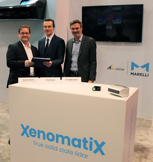 da sinistra a destra:  - Sylvain Dubois, CEO della divisione Automotive Lighting di Marelli  - Filip Geuens, CEO di XenomatiX  - Dr. Detlef Juerss, Chief Commercial, Engineering & Technology Officer di Marelli   